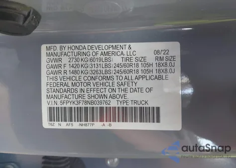 2022 Honda Ridgeline Rtl-E from USA, damaged, VIN 5FPYK3F78NB039762